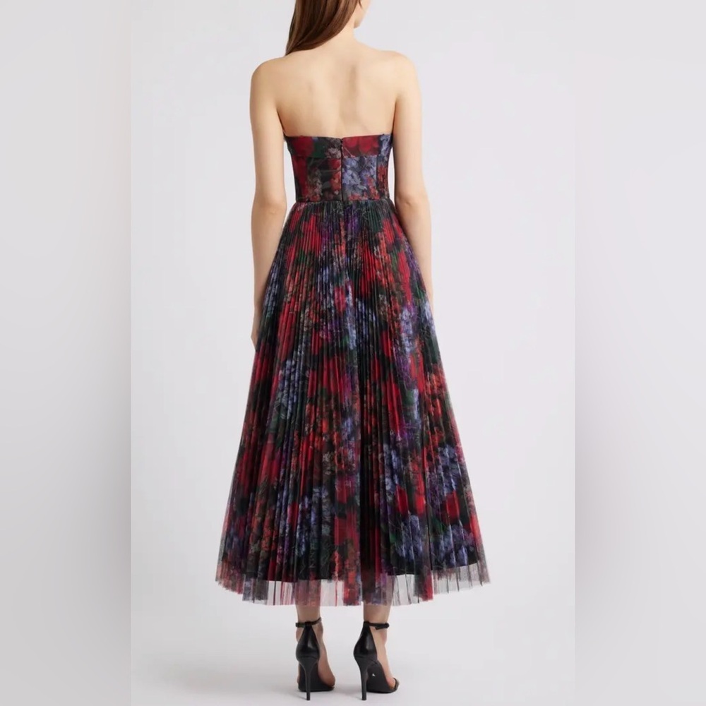 Hutch Strapless Floral Pleated Midi Dress in Red and Purple - Picture 2 of 6